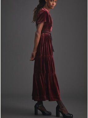 Anthropologie Somerset Velvet Tiered Maxi Dress - Burgundy